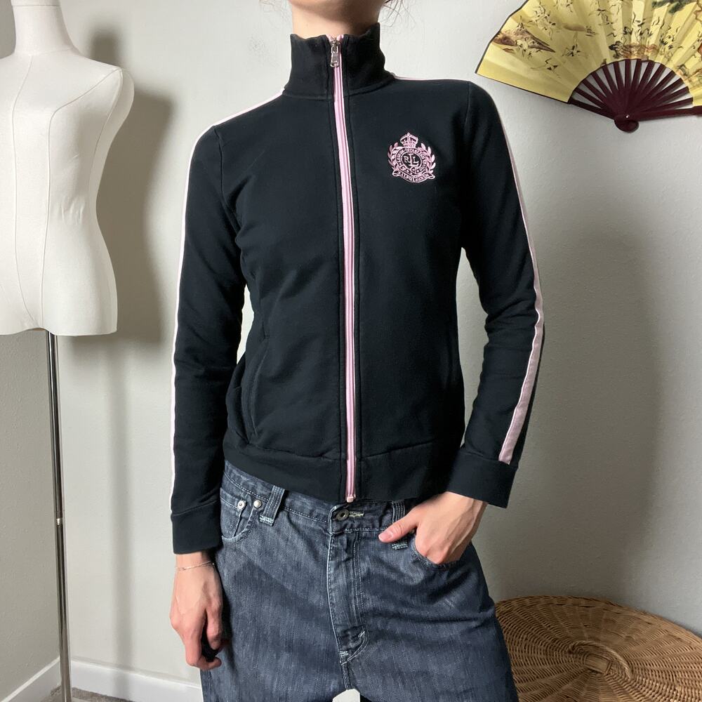 y2k lauren ralph lauren black pink sporty emblem fitted zip track jacket